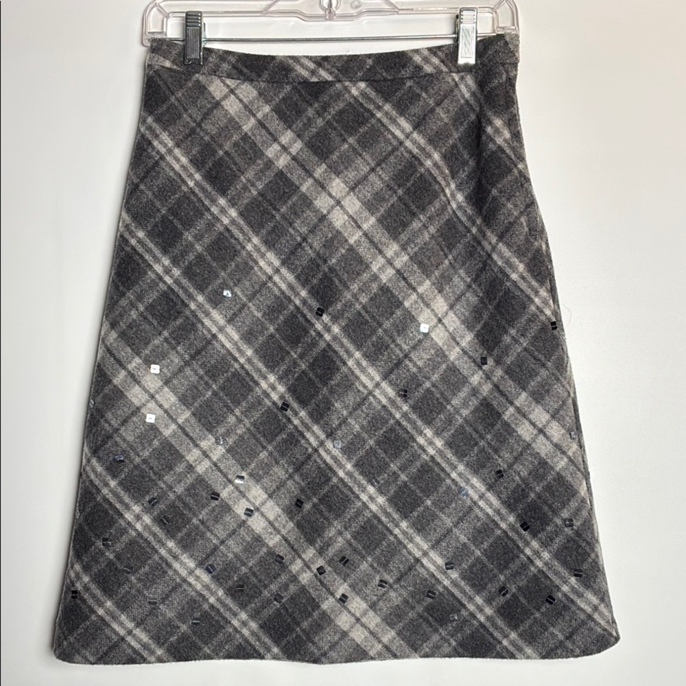 J. Crew Wool Gray Plaid A-Line Skirt with Sequin Accents